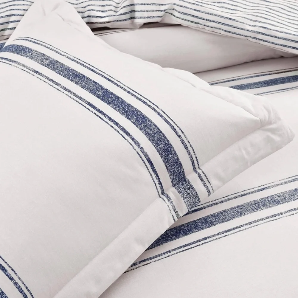 Lush Decor Farmhouse Stripe Reversible Cotton Comforter Set,2-Piece,Twin XL Navy